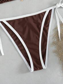 SHEIN Swim Curve 2026 New Brown Fabric Plus Size 2 Pieces Bikini Set With White Trim, Halter Neck & Tie Back Design, Suitable For Beach Vacation - Multicolor - View 6