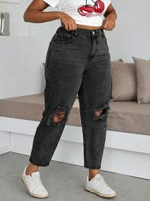 Dripcurv Plus Size Women High Waist Pocketed Distressed Tapered Casual Jeans - Black - View 5