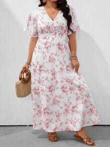 SHEIN Clasi Đầm cỡ lớn dáng rộng cổ chữ V tay cánh dơi in họa tiết gốm sứ xanh trắng, thích hợp mặc đi nghỉ mát. - Hồng - Xem 3