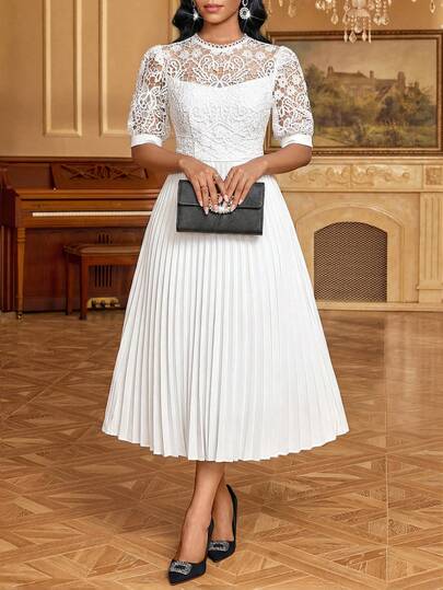 SHEIN Lady Women's Elegant Solid Color Lace Patchwork Mid-Sleeve Pleated Dress