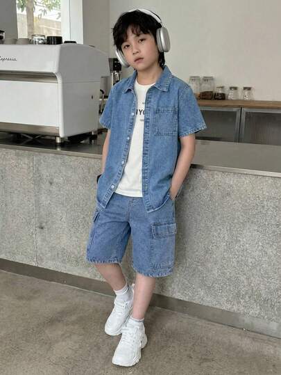 Little Byeori Tween Boy Fashion Casual Y2k Vintage Cool Street Padded Design Blue Denim Short-Sleeved Shirt Top And Loose-Fitting Comfortable Workwear Denim Shorts Set Of 2 Pieces For Kids Clothes Tween Boy Dailywear And Kids Spring To Summer Rave Outfits Festival And Outfits Streetwear Clothes