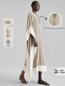 Ontre 2026春夏新款女士天然亚麻色舒适柔软面料宽松插肩袖拼接黑色别致优雅婚礼宾客套装，简约浪漫法式奢华都市时尚商务休闲办公装，低调老钱气质高端质感，都市通勤高品质机场邮轮中东必备套装，百搭连衣裙女士办公套装 - 卡其色 - 查看 1