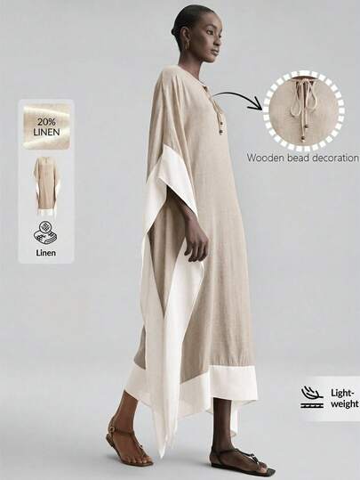 Ontre Bộ sưu tập thời trang nữ mùa hè 2026 mới, màu vải lanh tự nhiên, chất liệu mềm mại, thoải mái, tay raglan rộng rãi, phối màu đen, sang trọng, dự tiệc cưới; phong cách tối giản lãng mạn kiểu Pháp, thời trang thành thị, công sở; trang phục thường ngày cao cấp, cổ điển, thanh lịch, thích hợp cho đi làm, đi sân bay, du lịch Trung Đông; váy dài đa năng bốn mùa, phù hợp cho đám cưới; trang phục công sở cho nữ.