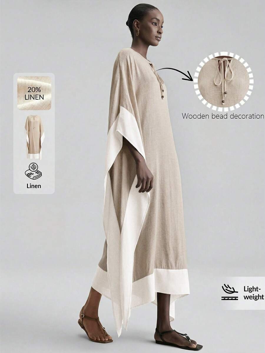 Ontre 2026春夏新款女士天然亚麻色舒适柔软面料宽松插肩袖拼接黑色别致优雅婚礼宾客套装，简约浪漫法式奢华都市时尚商务休闲办公装，低调老钱气质高端质感，都市通勤高品质机场邮轮中东必备套装，百搭连衣裙女士办公套装 - 卡其色 - 查看 1