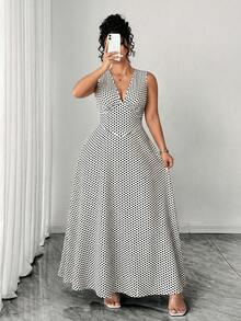 Elenzga 大码女式极简针织吊带背心，棕色底白色波点数码印花长裙 - 黑與白 - 查看 4