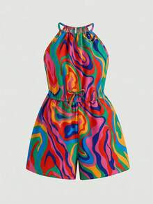 SHEIN Tween Girls' Casual Minimalist Comfortable Sleeveless Geometric Pattern Romper - Multicolor - View 5