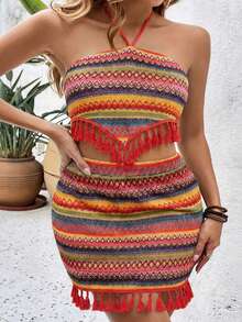 SHEIN VCAY Plus Size Women's Red Summer Boho Holiday 2 Pieces Set,Halter Backless Tassel Hem Knit Blouse & Mini Skirt,Vacation Festival Two Piece Outfit - Multicolor - View 5