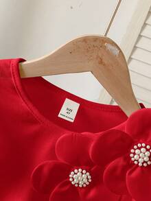 SHEIN Young Girl Floral 3D Decor Round Neck Elegant Ruffle Trim T-Shirt - Red - View 10