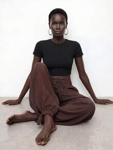 Maija 女士纯色抽绳腰带口袋休闲宽松哈伦裤，适合夏季假期、春季、情人节、沙滩、海滩、度假、夏季假期、女士度假、休闲裤、棕色裤子、宽松舒适的阔腿裤、圣帕特里克节女士复活节夏季复活节派对上衣夏季假期女士度假夏季外出毕业休闲 - 咖啡棕 - 查看 3