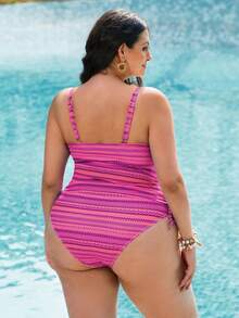 Swim Lushoire 大码女式夏季沙滩度假拼接印花抽绳褶皱吊带泳衣 - 彩色 - 查看 2
