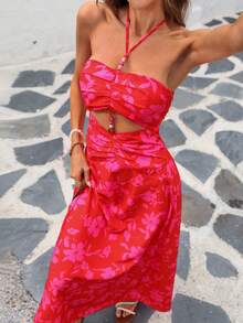 Vivid Eden Spring & Summer Vacation Woven Printed Waist Cutout Off-Shoulder Dress For Women - Watermelon Pink - View 6