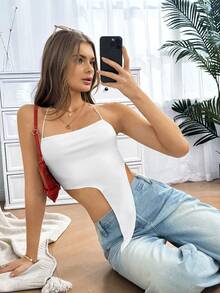 INAWLY Solid Color Asymmetric Hem Halter Neck Camisole - White - View 5