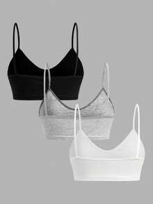 SHEIN Girlism 3件套女童V领吊带背心、带衬垫文胸和运动背心文胸套装，舒适纯色，适合春夏穿着，家居服，清新少女/美学风格 - 彩色 - 查看 2