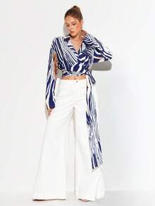 SHEIN Unity Women's Elegant Sexy White Animal Print Abstract Stripe Blouse,V-Neck Wrap Tie Front Crop Top With Long Ribbon,Autumn Vacation Brunch Golf Fashionable - Multicolor - View 1