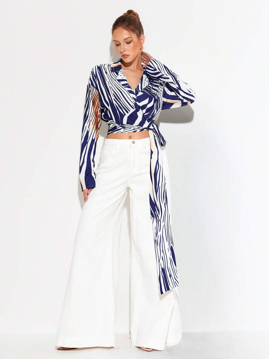 SHEIN Unity Women's Elegant Sexy White Animal Print Abstract Stripe Blouse,V-Neck Wrap Tie Front Crop Top With Long Ribbon,Autumn Vacation Brunch Golf Fashionable - Multicolor - View 1