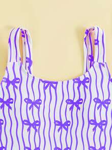 SHEIN Tween Girl One-Piece Swimsuit, Modest Vacation Style, Purple Striped Bow Knit Fabric, Sleeveless Wide Strap Romper, Fashionable Casual Elegant Lady, Suitable For Swimming, Summer Vacation, Beach, Pool, Holiday Party One Piece Swimsuit For Kid Swimming Suits For Girls Bright Color Swimsuit Striped Swimsuit Purple Bow Print Swimwear - Mauve Purple - View 3