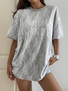 Livesso Lace Round Neck Loose Letter Print Short Sleeve T-Shirt For Women - Grey - View 3