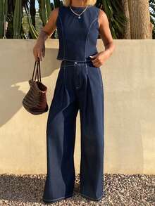 DAZY Bộ đồ thể thao mùa xuân hè, phong cách thường ngày, thắt nơ ở eo, quần jeans ống đứng cho nữ. - Màu xanh lam - Xem 4