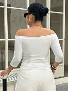 Dazy Plus Plus Size Women's Solid Color Off-Shoulder Fitted Casual T-Shirt Summer - White - View 2
