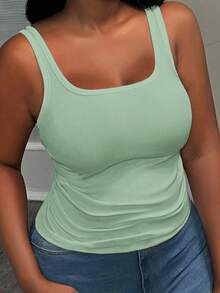 Slaydiva Women Plus Size Basic Deep V-Neck Sleeveless Slim Fit Ribbed Ruched Side Camisole Tank Top, White Semi-Sheer - Mint Green - View 1