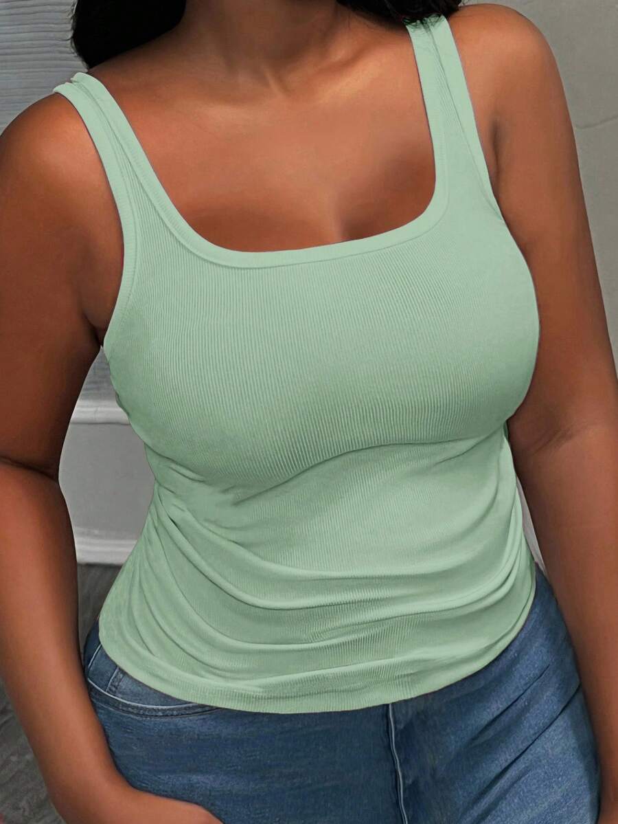 Slaydiva Women Plus Size Basic Deep V-Neck Sleeveless Slim Fit Ribbed Ruched Side Camisole Tank Top, White Semi-Sheer - Mint Green - View 1