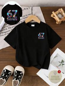 小男孩時尚彩色 67 字母印花短袖 T 恤，適合學校、夏季、海灘，Six Seven 7 歲生日 Tee，Squishy Boy 男孩 T 恤 - 彩色 - 查看 4