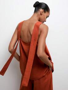 Maija 女士纯色两件套：无袖背心和阔腿裤 - 鏽棕色 - 查看 6