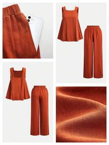 Maija 女士纯色两件套：无袖背心和阔腿裤 - 鏽棕色 - 查看 8