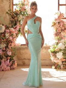 Glamrae Women's Elegant Glamorous Light Mint Sequined Embroidery Evening Gown,One-Shoulder Sheer Waist Pleated Mermaid Train Dress For Wedding & Vacations - Green - View 7