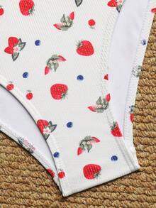 ROMWE Goth 女士春夏秋季优雅沙滩度假无肩带露背系带草莓数码印花花卉饰边高端吊带比基尼套装 - 彩色 - 查看 4