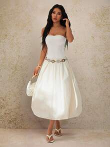 SHEIN PETITE Damen Aprikot Elegantes romantisches modernes Abendkleid für Dates, Dinner und den täglichen Gebrauch, tailliert, gerafft, trägerlos, Frühling/Sommer - Beige - Übersicht 6