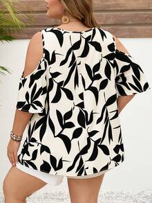 SHEIN CURVE+ 大码女式夏季休闲度假印花露肩舒适透气宽松上衣 - 黑與白 - 查看 2