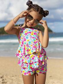 Young Girl Ditsy Floral Two Pieces Swimwear For Beach Vacation Summer Holiday - Multicolor - View 3