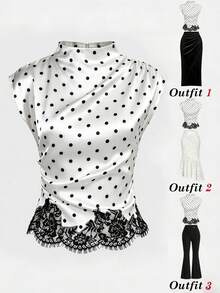 GlowEve 女士黑白立领不规则荷叶边波点蕾丝拼接优雅休闲通勤日常夏季新款女式衬衫/女式上衣 - 杏色 - 查看 1