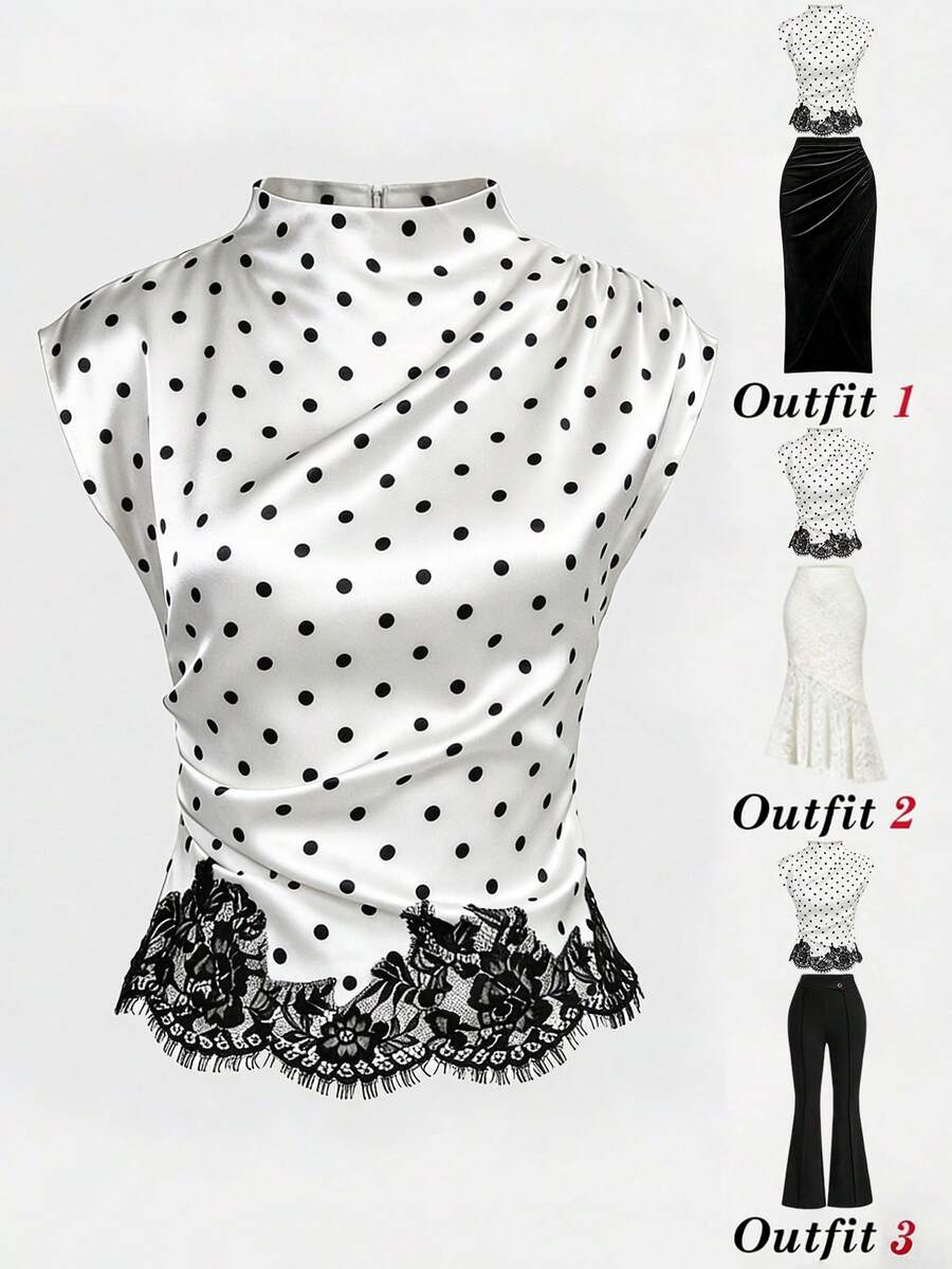 GlowEve 女士黑白立领不规则荷叶边波点蕾丝拼接优雅休闲通勤日常夏季新款女式衬衫/女式上衣 - 杏色 - 查看 1