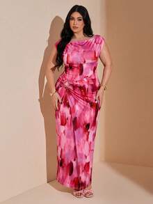 SHEIN BAE Vestido largo plisado con estampado para mujer talla grande - Rosa Pálido - Ver 6