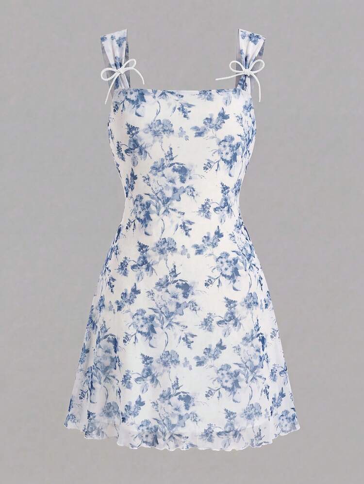 Tween Girl Bowknot Floral Print Sleeveless Square Neck Fitted Dress Sunday Dress For Teens Girl Summer Dresses For Girls Floral Dress For Kids Gril Dress - Blue and White - View 2