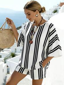SHEIN Holidaya Bộ đồ nữ cổ tròn kẻ sọc phối nhiều mảnh gồm áo và quần short, kiểu dáng thường ngày. - Nhiều màu - Xem 3