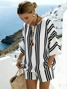 SHEIN Holidaya Bộ đồ nữ cổ tròn kẻ sọc phối nhiều mảnh gồm áo và quần short, kiểu dáng thường ngày. - Nhiều màu - Xem 4