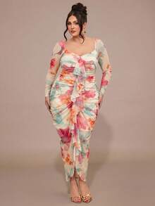 SHEIN BAE 大码女式黄色褶皱荷叶边连衣裙，情人节连衣裙 - 杏色 - 查看 5