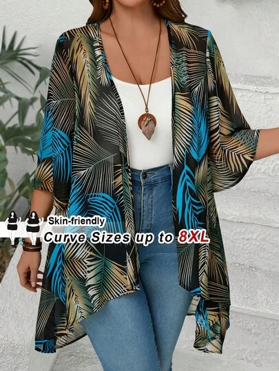 SHEIN CURVE+ Plus Size Women Casual Vacation Tropical Plant Print 3/4 Sleeve Jacket, Suitable For Summer, Bohemian & Western Style