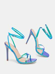 Glitzique Women's Fashion High Heel Shoes, Leather Anti-Explosion Flat Strap Sandals, Minimalist Square Toe Sandals, Black Lacquer Heel Sandals, Thin Heel High Heel Sandals, Summer Outdoor Regular Sandals, Women Black Sandals,Stiletto Heels - Blue - View 10