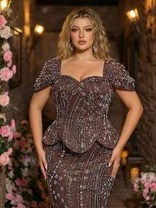 Glamrae Vestido de sirena de dos piezas elegante y romántico de color marrón con hombros descubiertos, adecuado para invitados de boda, ceremonia de graduación, fiesta de cumpleaños, ocasión formal, vestido de noche de lujo (diseño intrincado) - Marrón - Ver 8