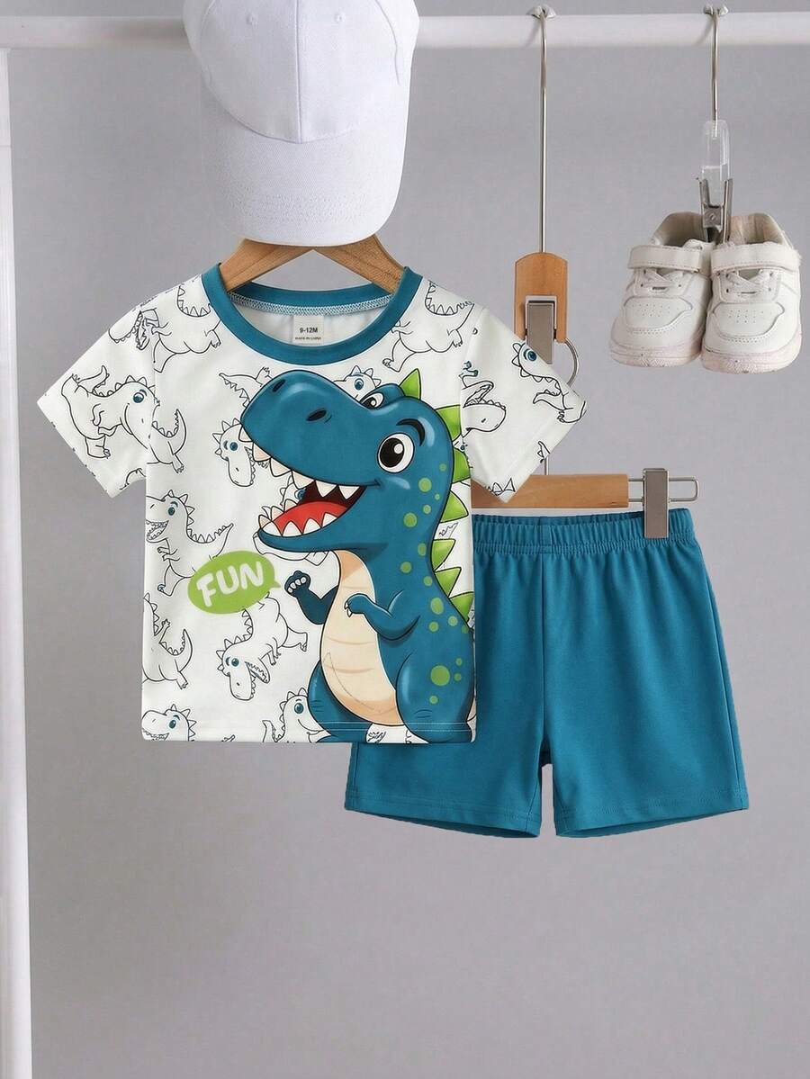 SHEIN Playful Pals 新生兒男嬰 2 件套 藍白條紋 夏季休閒可愛沙灘套裝 嬰兒幼兒 6M-3T 柔軟 T 恤與短褲衣裝套組 - 彩色 - 查看 1