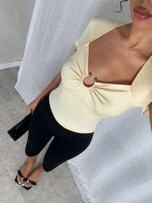 Glamine Áo thun nữ dệt kim màu trơn thời trang, dáng ôm, thích hợp mặc đi làm. - Màu vàng - Xem 4