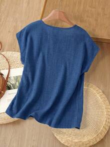 EMERY ROSE Women's Casual Solid Color Linen-Like Shirt, Spring/Summer Carnival Royal Blue Blouse Summer Casual Tops Blue Summer Top Royal Blue Top Women Blue Blouse For Women,Casual - Blue - View 2