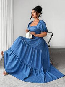 SHEIN Elenzya 大码褶皱纹理面料圆领肩部褶裥荷叶边腰部喇叭下摆中长连衣裙，优雅适合外出、派对、下午茶、度假等场合。 - 藍色 - 查看 1