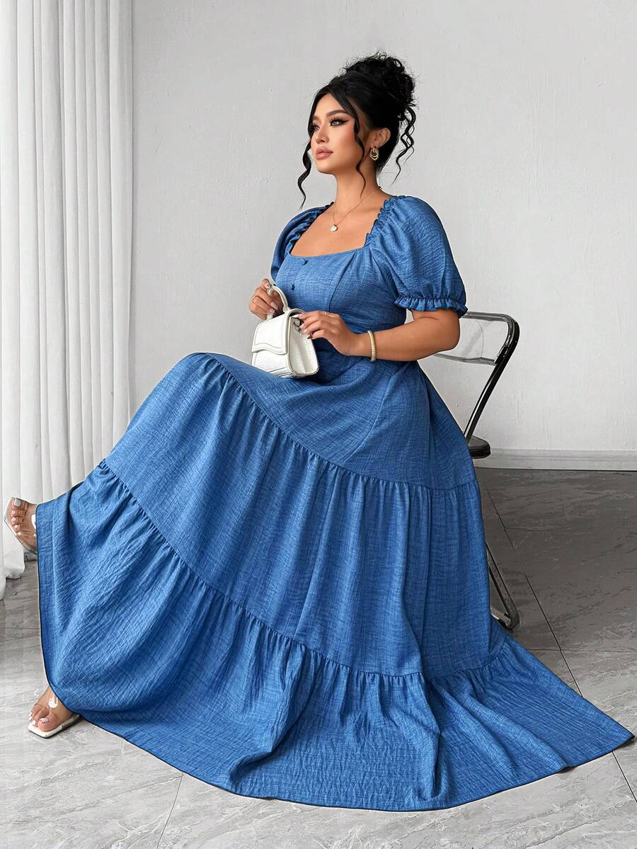 SHEIN Elenzya 大码褶皱纹理面料圆领肩部褶裥荷叶边腰部喇叭下摆中长连衣裙，优雅适合外出、派对、下午茶、度假等场合。 - 藍色 - 查看 1