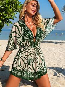 Swim Lushoire Women's V-Neck Cinched Waist Mid-Sleeve Backless Tie Vacation Dress, Beach Cover-Up, Spring/Summer - Green - View 4