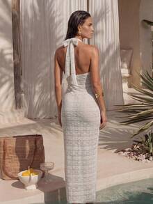 SHEIN Swim 26SS 春夏度假沙滩米色提花蕾丝优雅性感深V领连衣裙及罩衫 - 米色 - 查看 2
